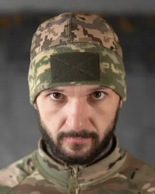 Шапка флісова піксель з вставкою Soft-Shell та липукою під шеврон