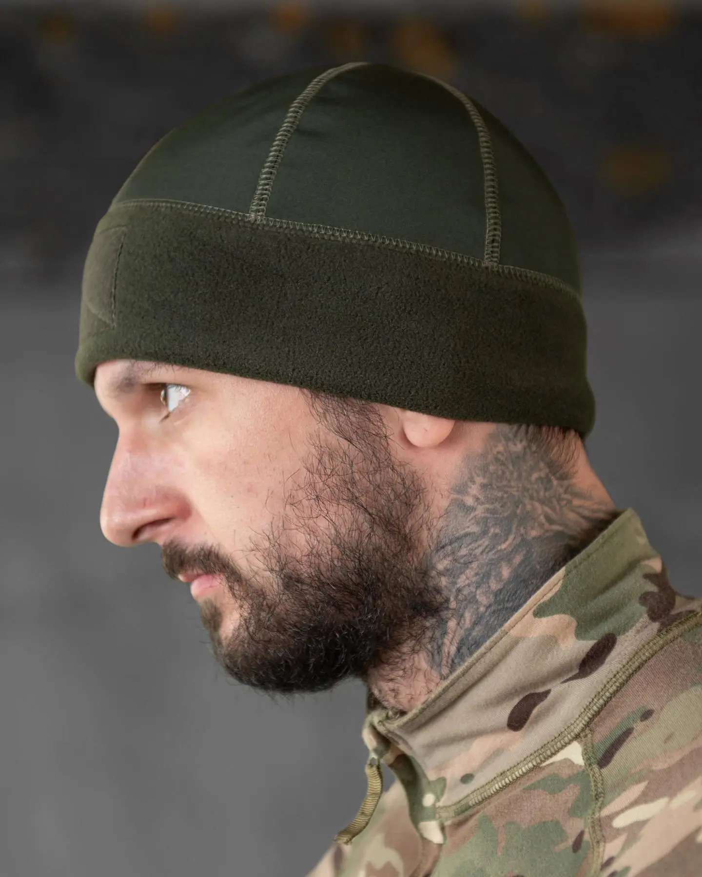 Шапка флісова хакі з вставкою Soft-Shell та липукою під шеврон