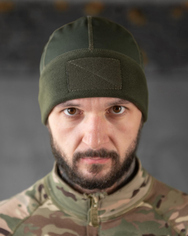 Шапка флісова хакі з вставкою Soft-Shell та липукою під шеврон