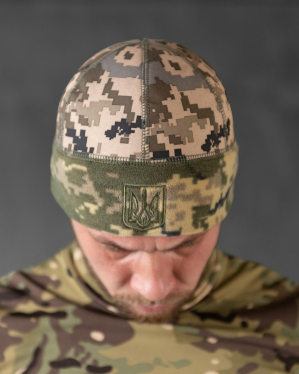 Шапка флісова піксель з вставкою Soft-Shell та гербом