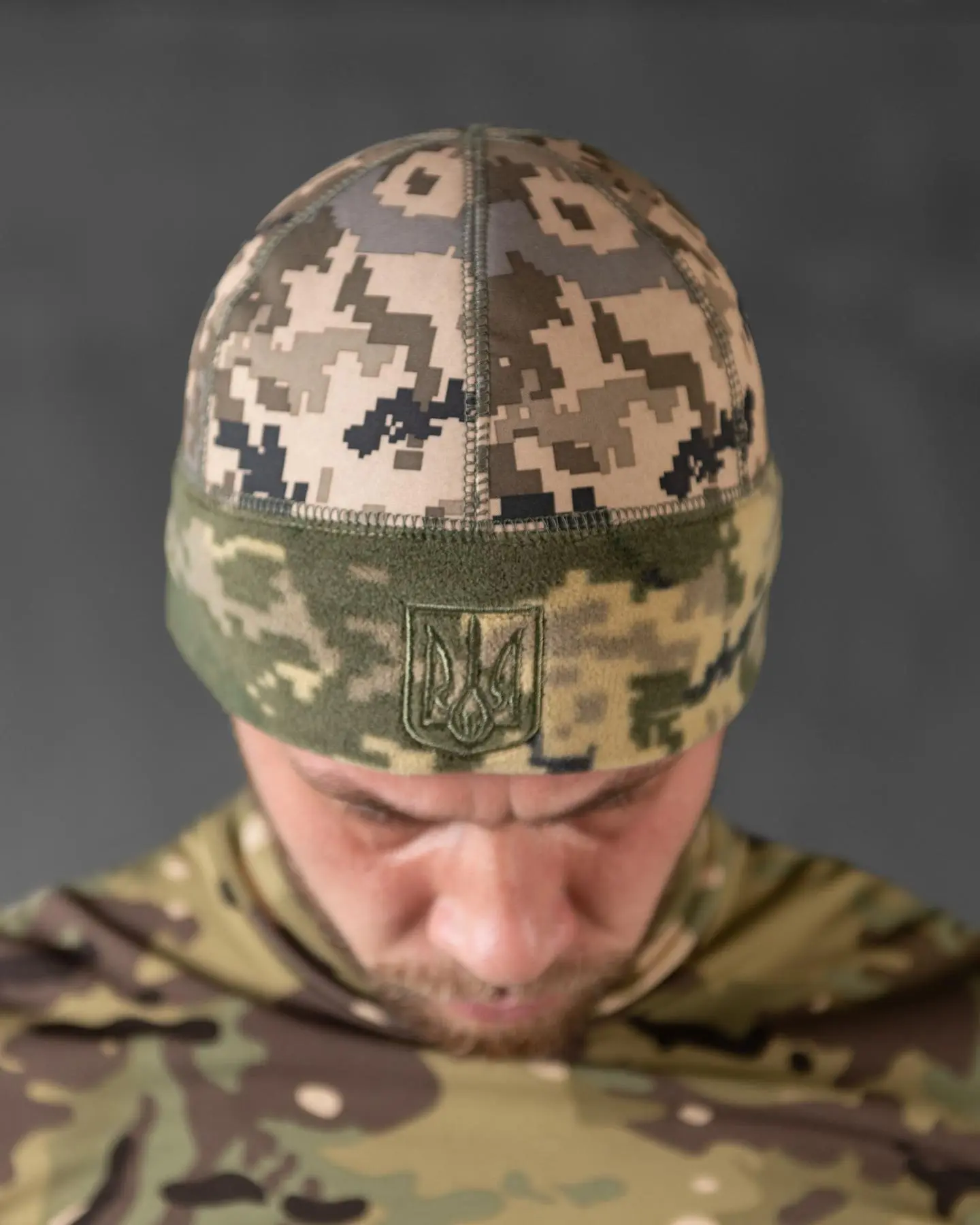Шапка флісова піксель з вставкою Soft-Shell та гербом