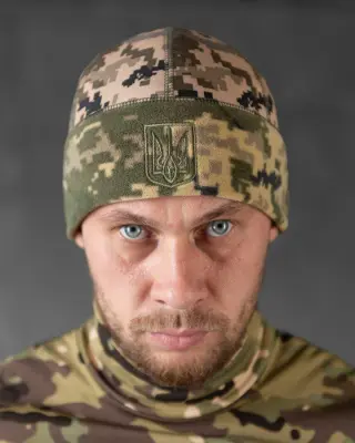 Шапка флісова піксель з вставкою Soft-Shell та гербом