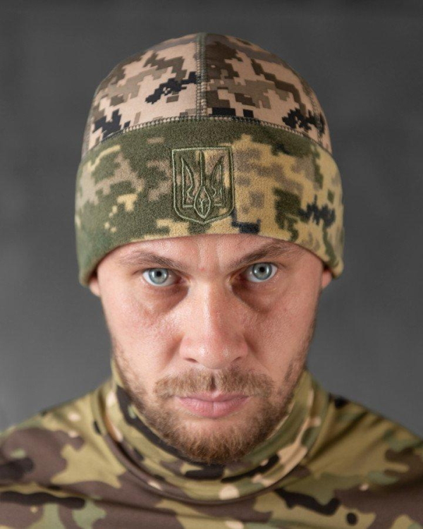 Шапка флісова піксель з вставкою Soft-Shell та гербом