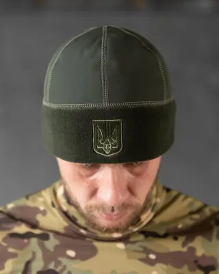 Шапка флісова хакі з вставкою Soft-Shell та гербом