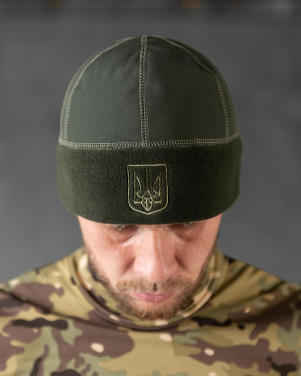 Шапка флісова хакі з вставкою Soft-Shell та гербом