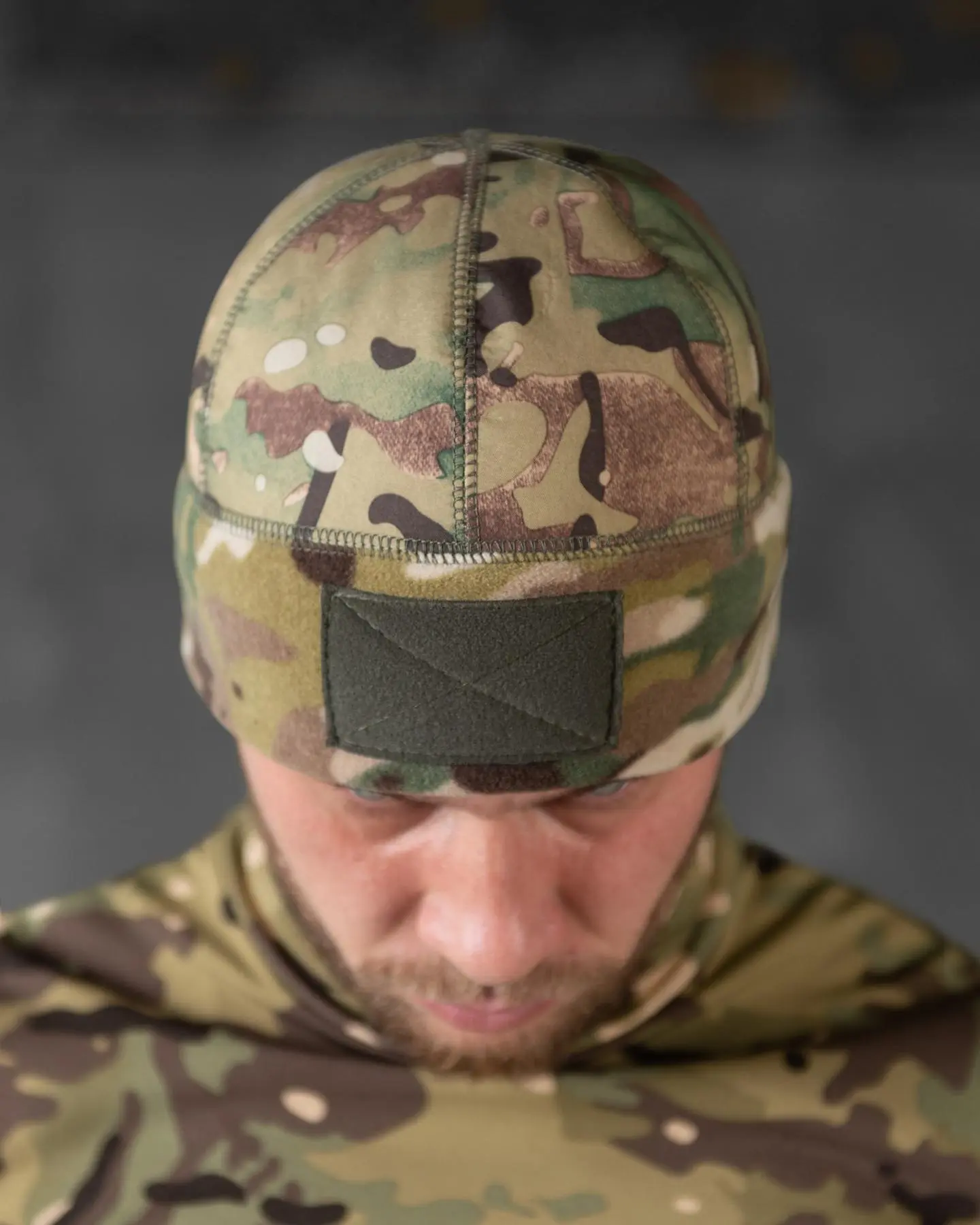 Шапка флісова мультикам з вставкою Soft-Shell та липукою під шеврон