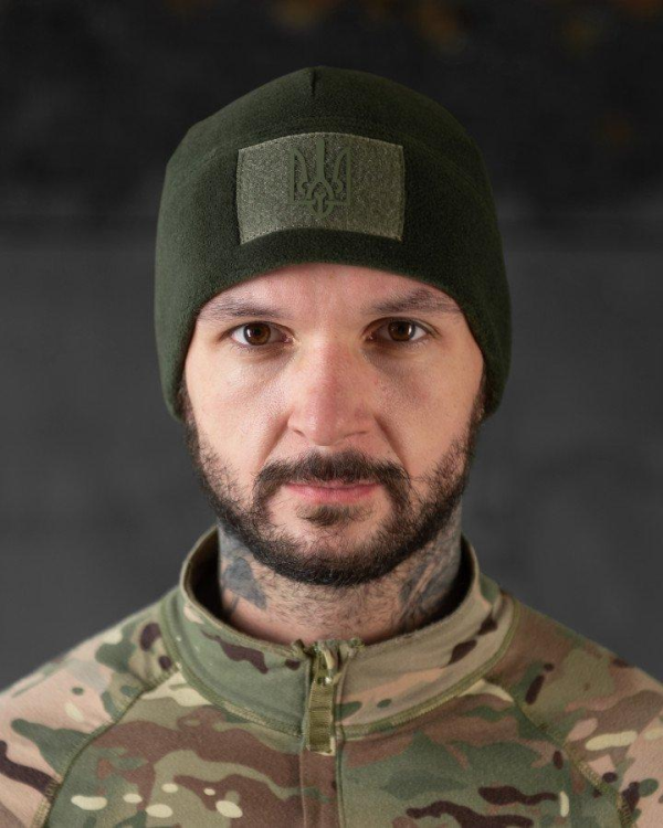 Шапка флісова хакі з липучкою та гербом