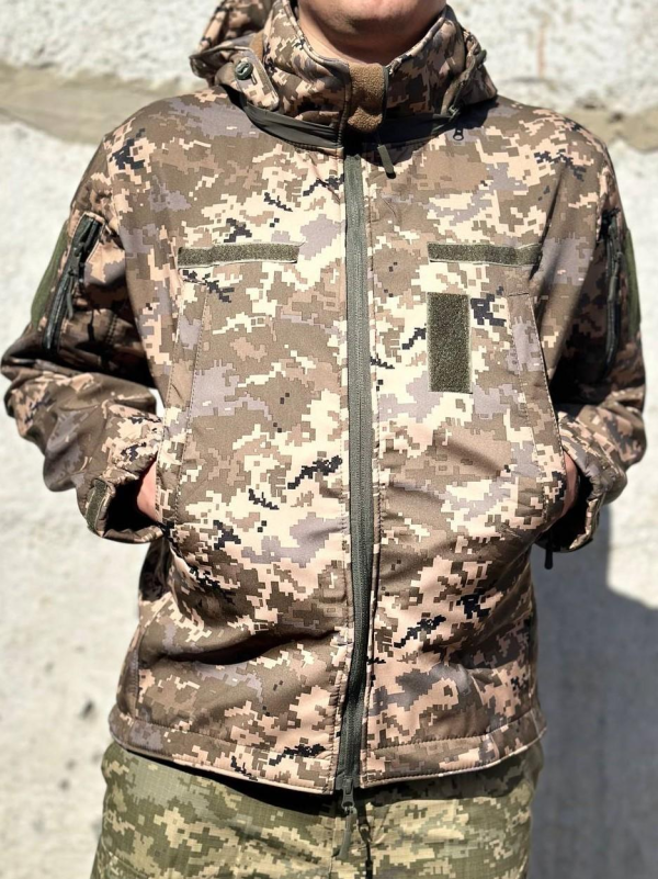 Куртка тактична Soft-Shell піксель демісезон зі знімним капюшоном