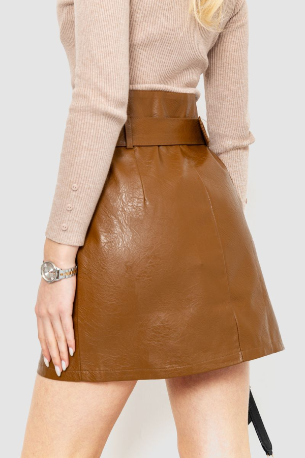Спідниця з екошкіри з поясом, колір коричневий, 186R6612