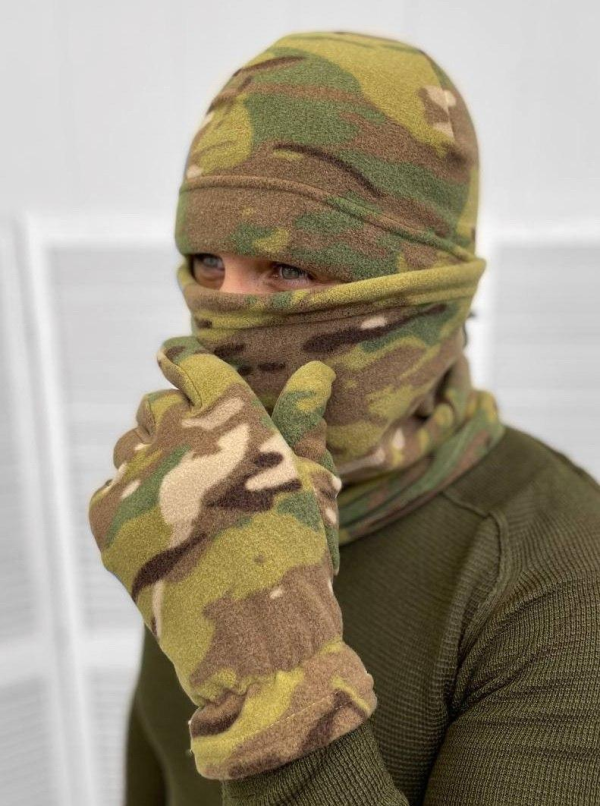 Набір шапка + баф + рукавиці флісові хакі, піксель, мультикам