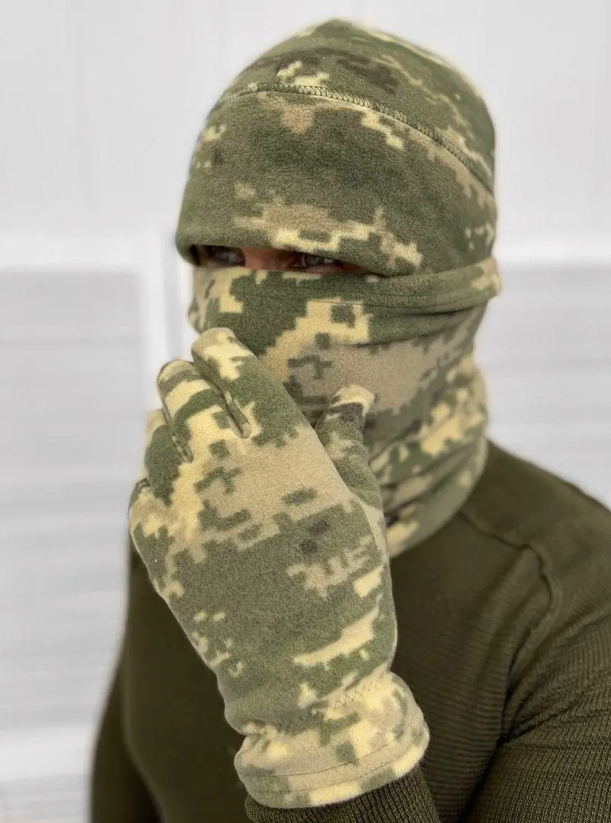 Набір шапка + баф + рукавиці флісові хакі, піксель, мультикам