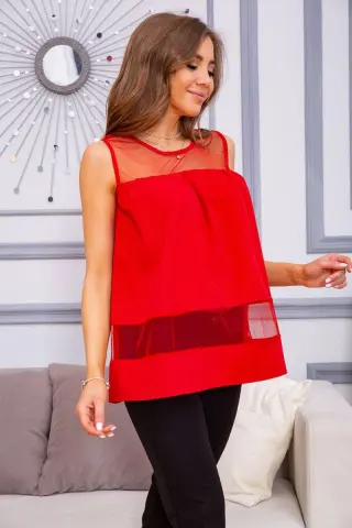 Літня шифонова блуза, з сіткою червоного кольору, 172R015