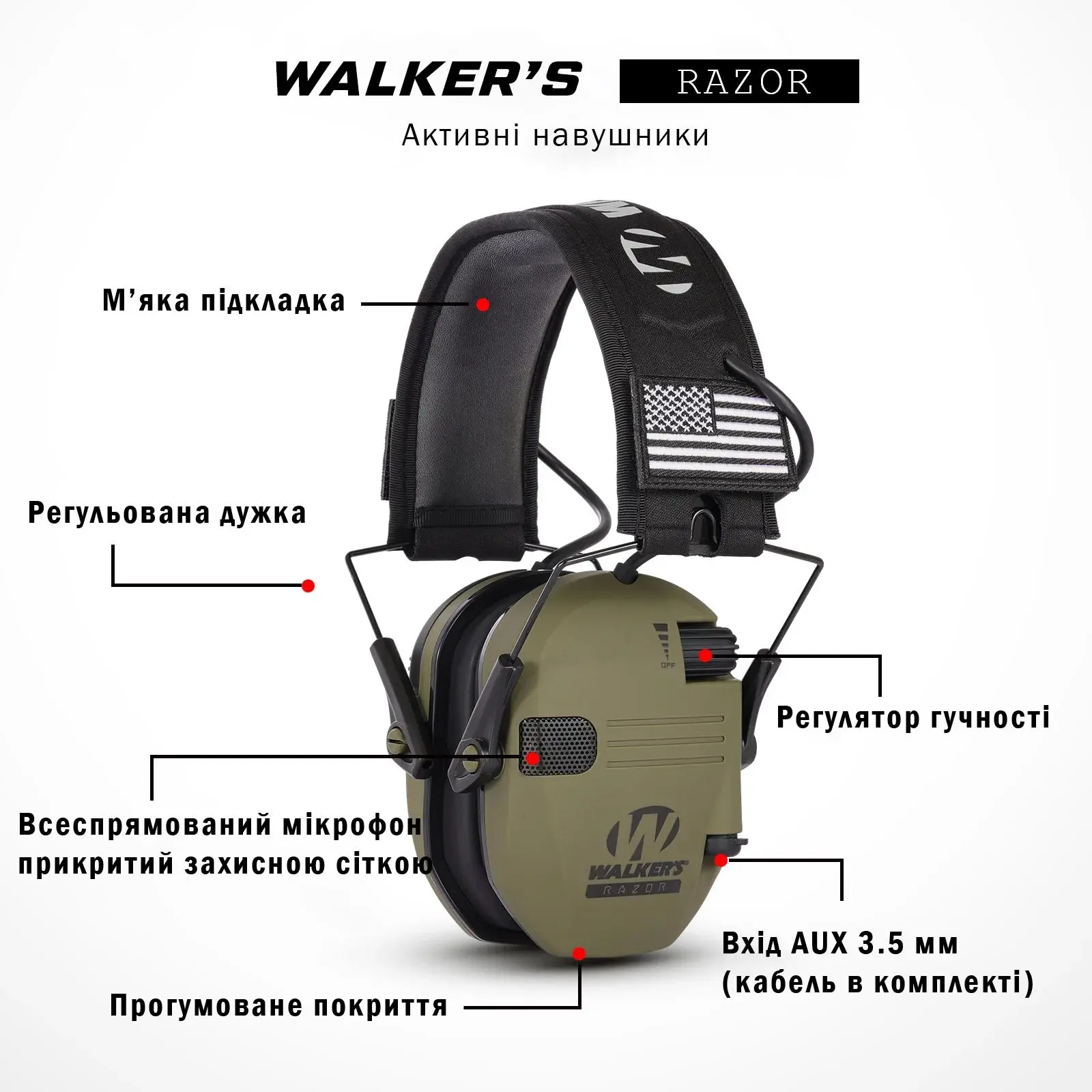 Навушники активні Walker`s Razor Олива - Фото 8