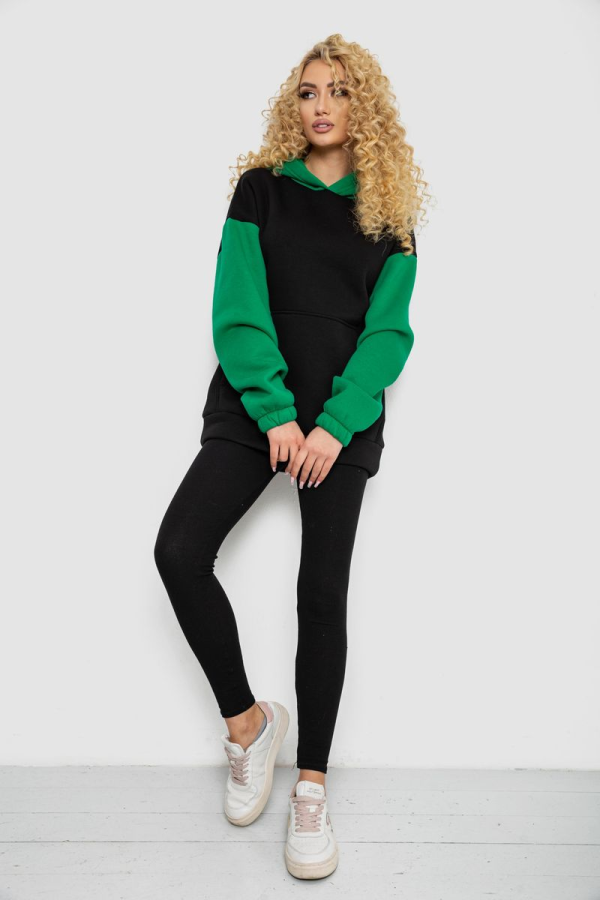 Худі жіноча тринитка на флісі, колір чорно-зелений, 102R364-1