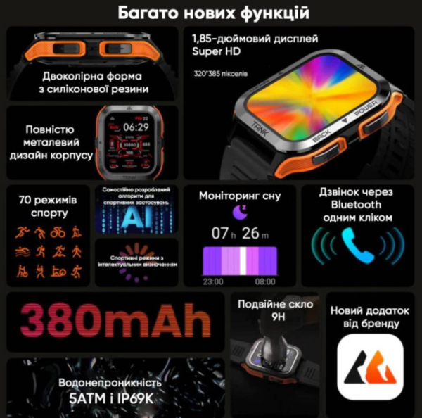 Спортивний Розумний Годинник Kospet Tank M2 Black + Спортивні Режими, Водозахист, Дзвінки 1077-0250