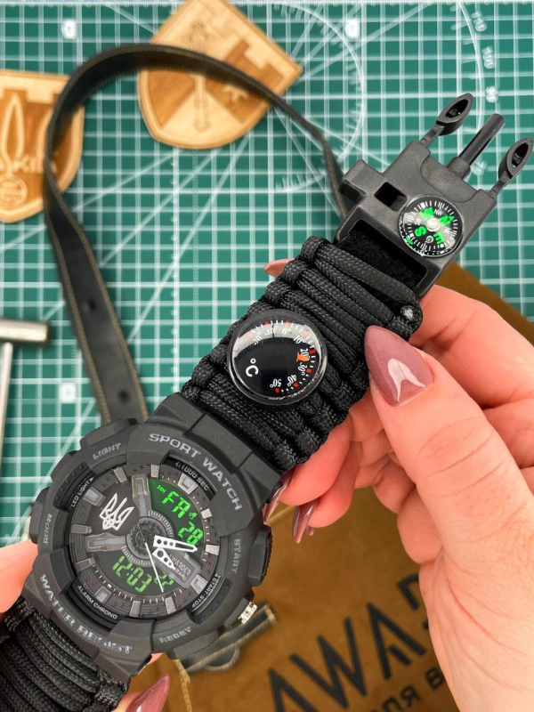 Чоловічий годинник Awarder 005 Тризуб срібло Black + Паракордовий ремінець Black 1202-0166
