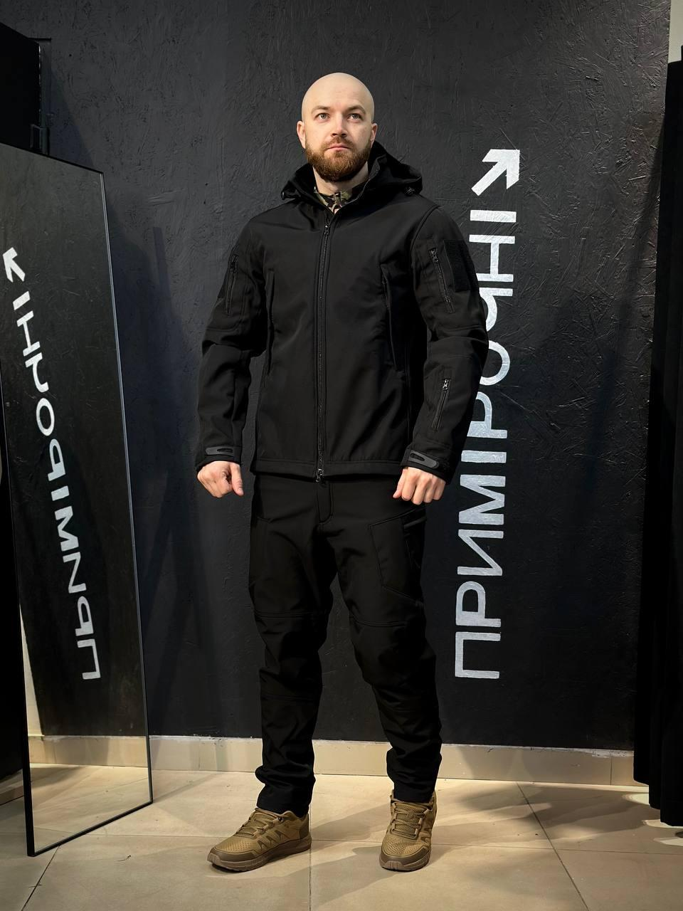 Костюм Тактичний Посилений Soft Shell Чорний Black Знімний капюшон