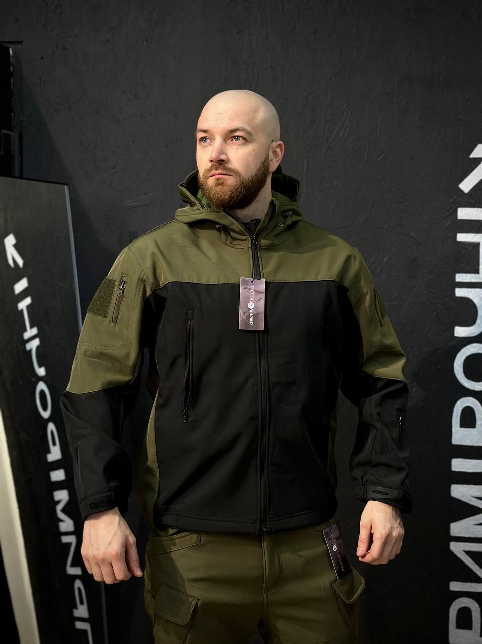 Костюм Олива з чорним Soft Shell софтшел на флісі